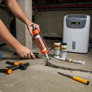 Person applying sealant to a crack in a basement floor, with waterproofing tools and a dehumidifier nearby, illustrating effective basement waterproofing solutions.