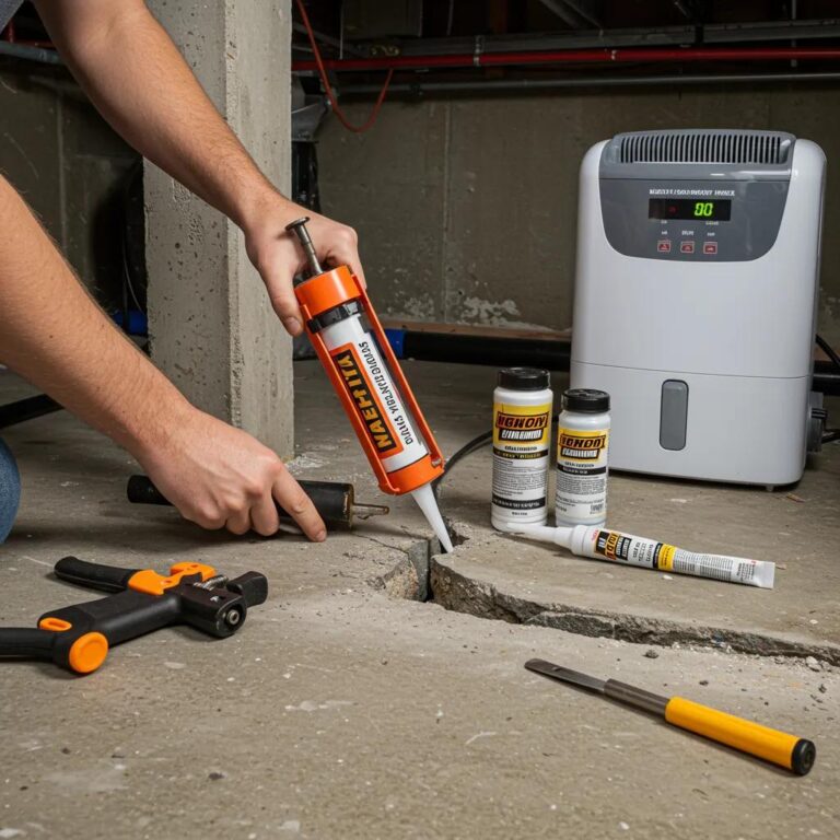 Person applying sealant with a caulking gun to repair a foundation crack in a basement, surrounded by repair tools and products for basement waterproofing.