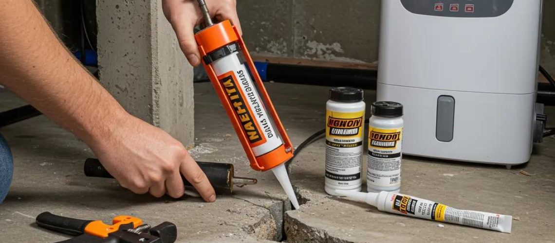 Person applying sealant to concrete crack in basement, with waterproofing products and a sump pump in view, illustrating basement waterproofing solutions.